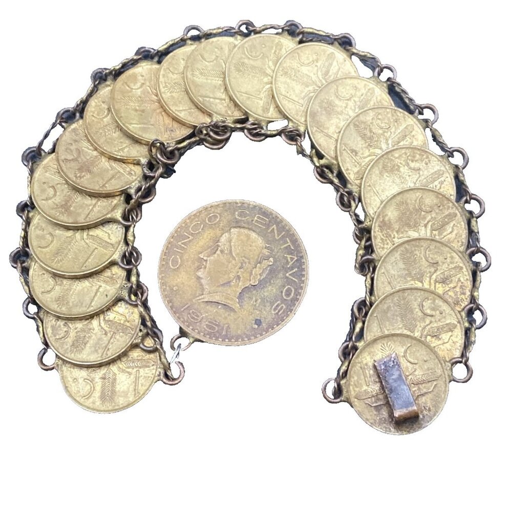 60's 50's Tourist Bracelet 1951 Mexican Cinco Centavos 1962 1 Centavo (19) 7"